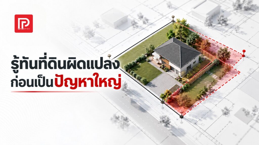 ภาพปกแคมเปญรู้ทันที่ดินผิดแปลง ก่อนเป็นปัญหาใหญ่ บ้านบนแปลงที่ดินที่มีแนวเขตตามเอกสาร (เส้นทึบ) กับแนวเขตเส้นประสีแดงที่ไม่ตรงกัน