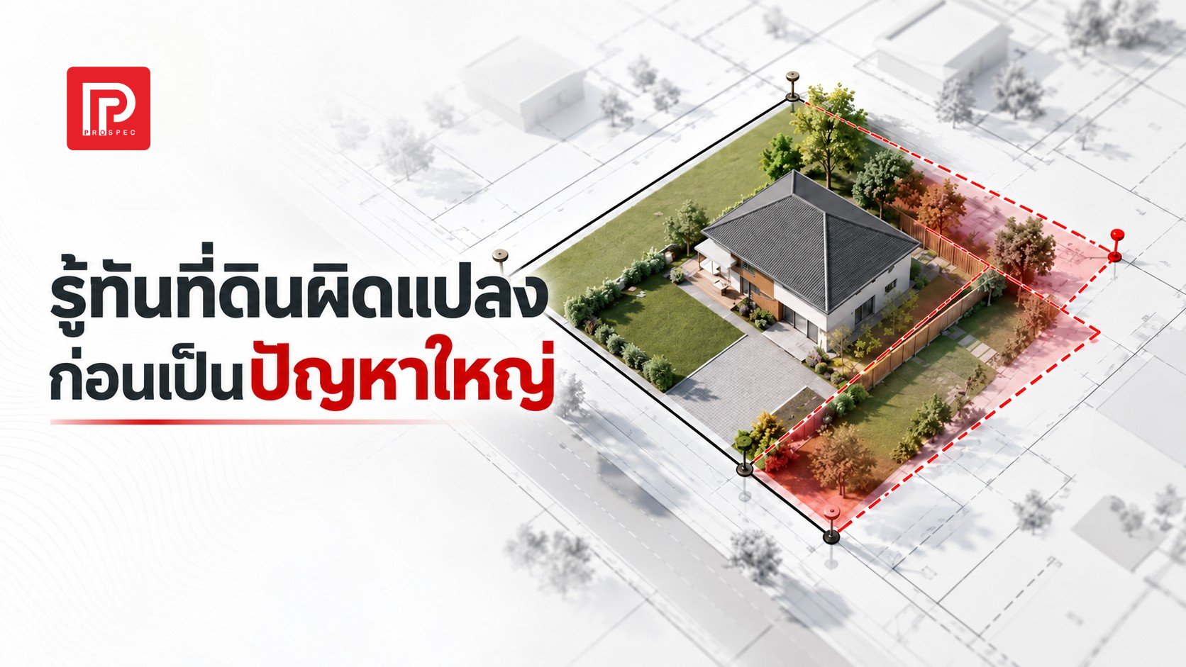 ภาพปกแคมเปญรู้ทันที่ดินผิดแปลง ก่อนเป็นปัญหาใหญ่ บ้านบนแปลงที่ดินที่มีแนวเขตตามเอกสาร (เส้นทึบ) กับแนวเขตเส้นประสีแดงที่ไม่ตรงกัน